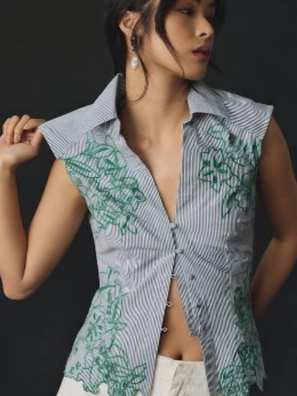 Anthropologie Blue Striped Sleeveless Button-Front Top with Green Embroidery